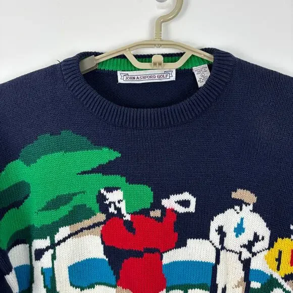 Vintage John Ashford Golf Golfer Scene Sweater Large Cotton preppy